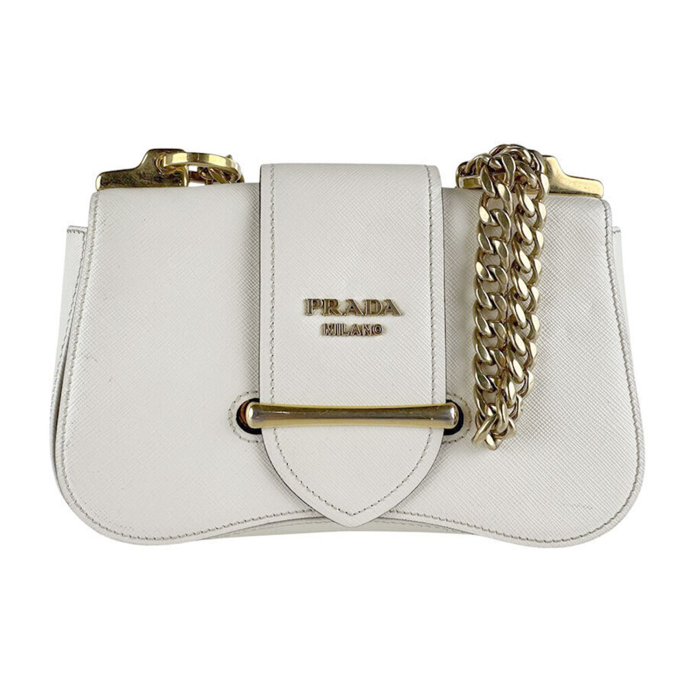Prada white Saffiano leather Sidonie chain crossbody bag Milano Logo